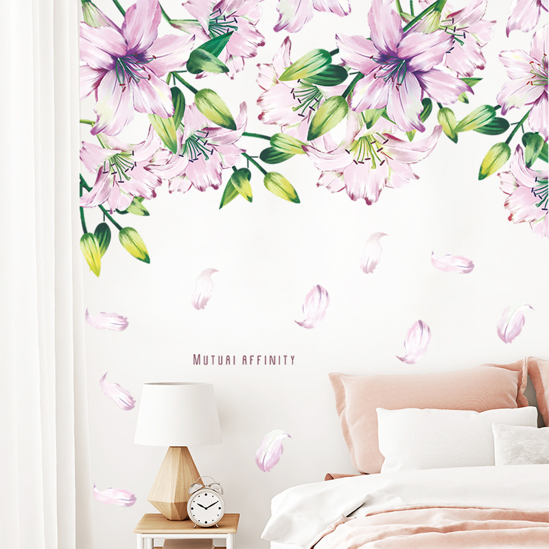 New elegant purple flowers Wall Sticker Purple Flower Petals Decals  Living Room Decorative Wallpaper