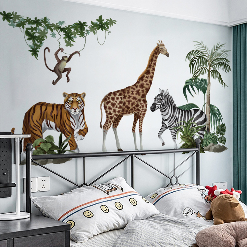 jungle animals Wall Sticker Nordic plant animal, giraffe, horse, leopard Decals Living Room Decorative Wallpaper