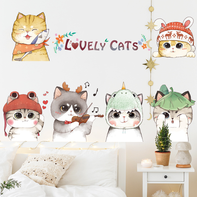 Lovely Cats Wall Decals Cute Kitten With Hats Wall Sticker Cartoon Home Decor For Living Room Bedroom TV Background Wallpaper