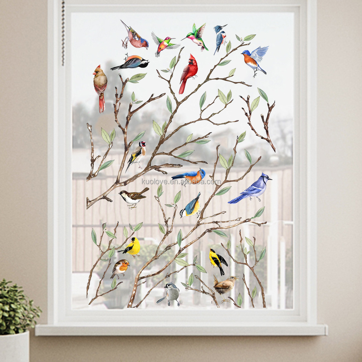 Chinoiserie branches and birds Wall Sticker Green branches and leaves  Decals  Living Room Decorative Wallpaper