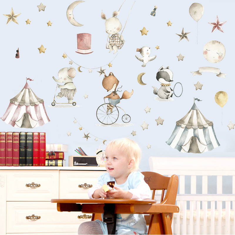 Animals Circus Sticker Cartoon Fox Rabbits Decals Creative Kid's Bedroom Wallpaper Self Adhesive Living Room Decorative Murals