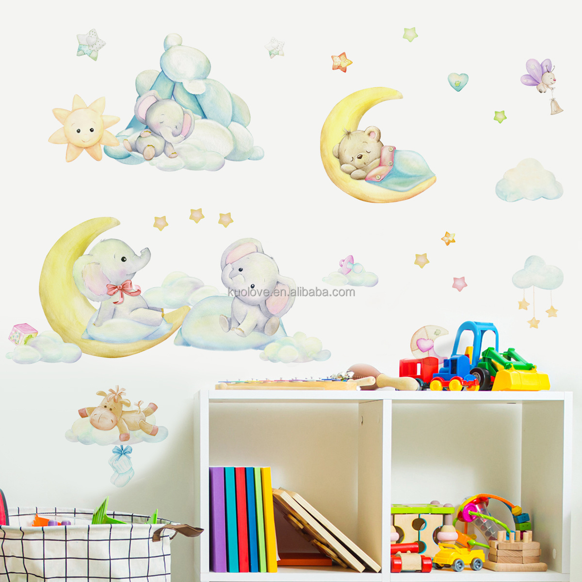 Cartoon animal like bear hot air balloon wall stickers Children's bedroom classroom decoration stickers self-adhesive wallpaper