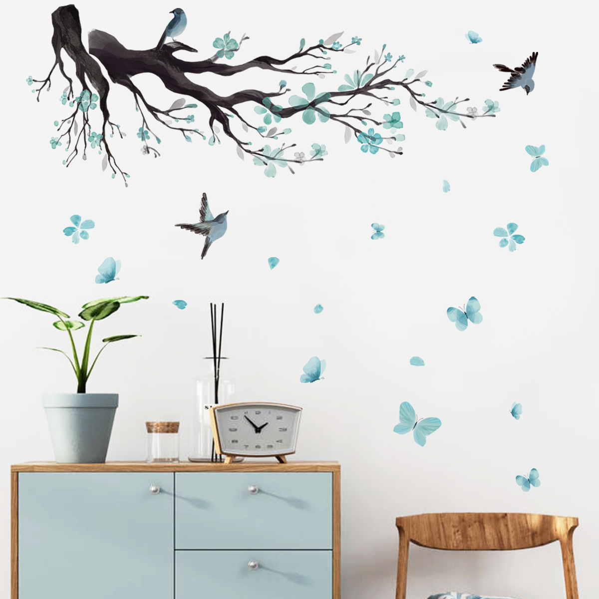 Blue Flower Branch Wall Sticker Aqua Blue Butterfly Decals Living Room Decorative Wallpaper