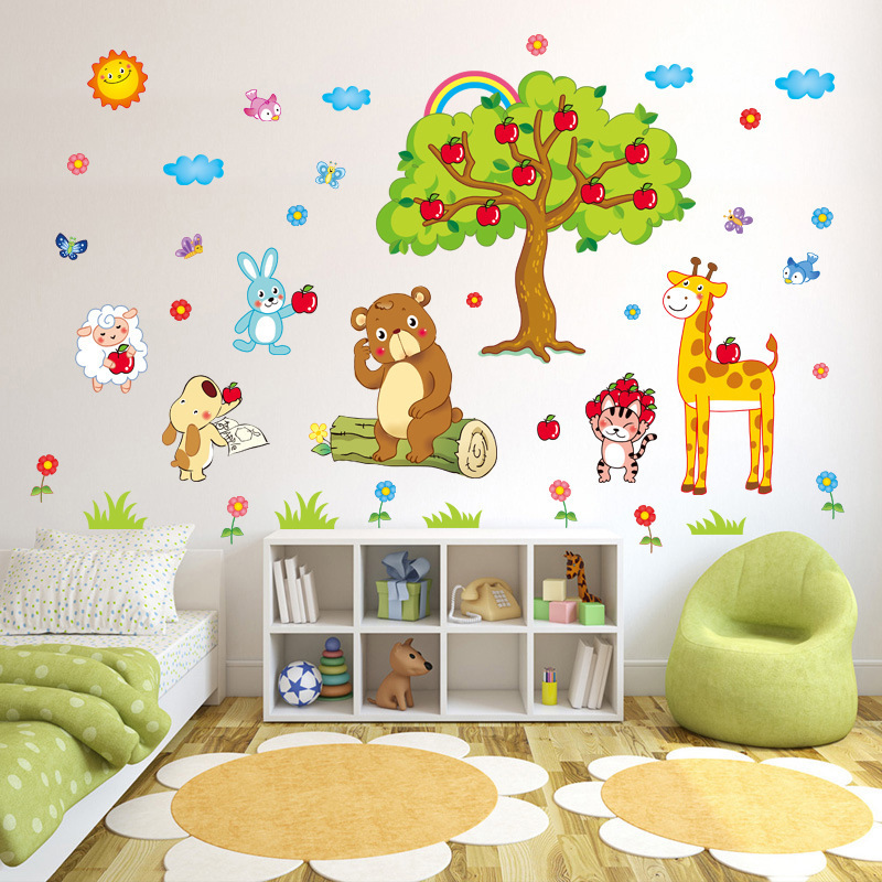 Cute Forest Animal Cartoon Stickers Creative Kid's Bedroom Wallpaper Self Adhesive Children's Living Room Decorative Wall Decal