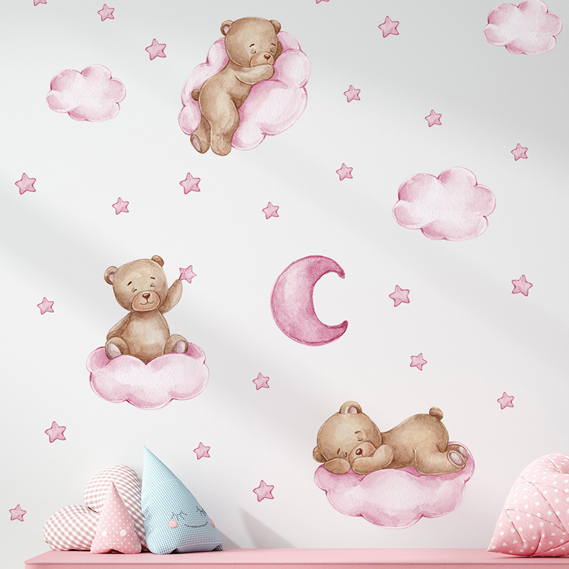 Pink Clouds Stars Wall Sticker Cartoon Bear Decal Cute Kid's Bedroom Cartoon Wallpaper Creative Living Room Decorative Murals