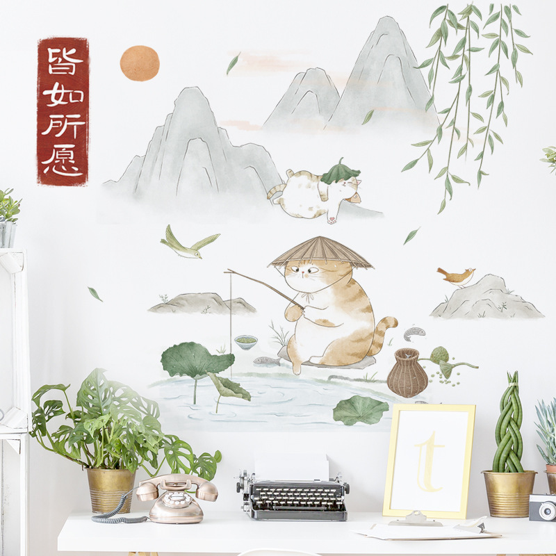 Fresh and beautiful Mountain Water Painting Wall Sticker Cartoon cute cat Decals  Living Room Decorative Wallpaper