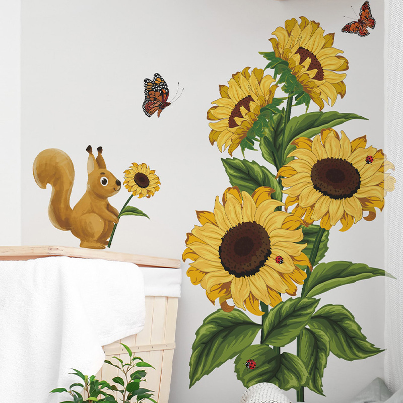 Painted warm sunflower squirrel PVC wall stickers Bedroom living room decoration wallpaper self-adhesive wall stickers