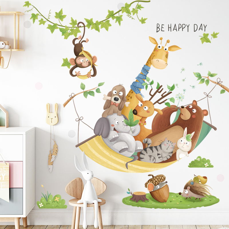 Cartoon Animal Wall Mural Cute Giraffe Monkey Bear Stickers Home Decoration For Living Room Bedroom Background Decor Wall Decal