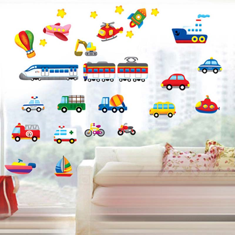 Trains Wall Sticker Creative Bus Steamship Airplane Wallpaper Bedroom Decals Living Room Decorative Wallpaper