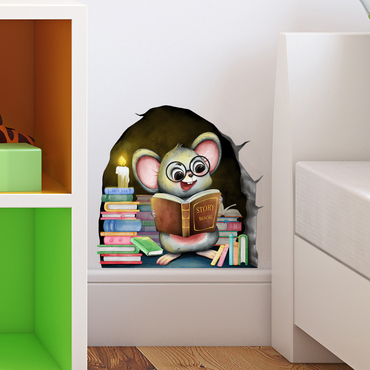 Cartoon Smart Mouse Wall Sticker Mouse Hole Book Decals Living Room Decorative Wallpaper