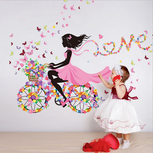 Fashion Beauty With Pink Dress Wall Mural Colorful Butterflies Bicycle Wallpaper Home Decor For Women Living Room Wall Decal