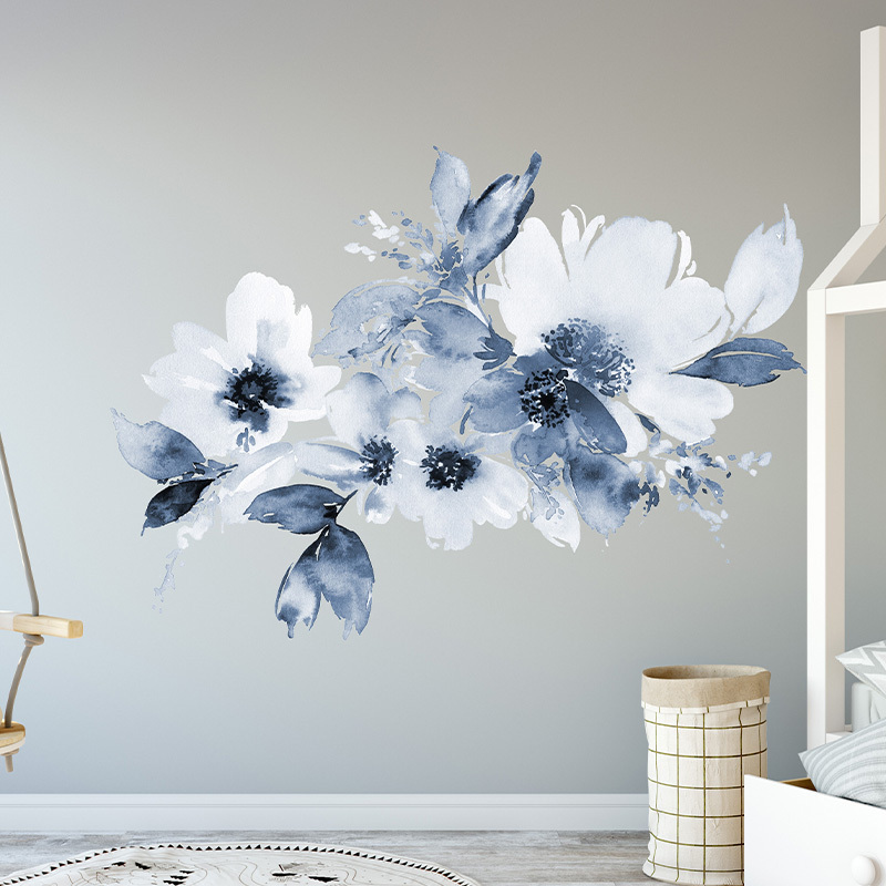 Light White and Blue Painting Floral Wall Sticker Nordic Style Flowers Wallpaper For Women Bedroom Living Room Wall Decal