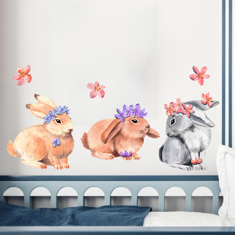 Rabbits With Pink Blue Purple Wreath Wall Stickers Brown And Gray Bunny Colorful Flowers Wallpaper For Baby's Room Decoration