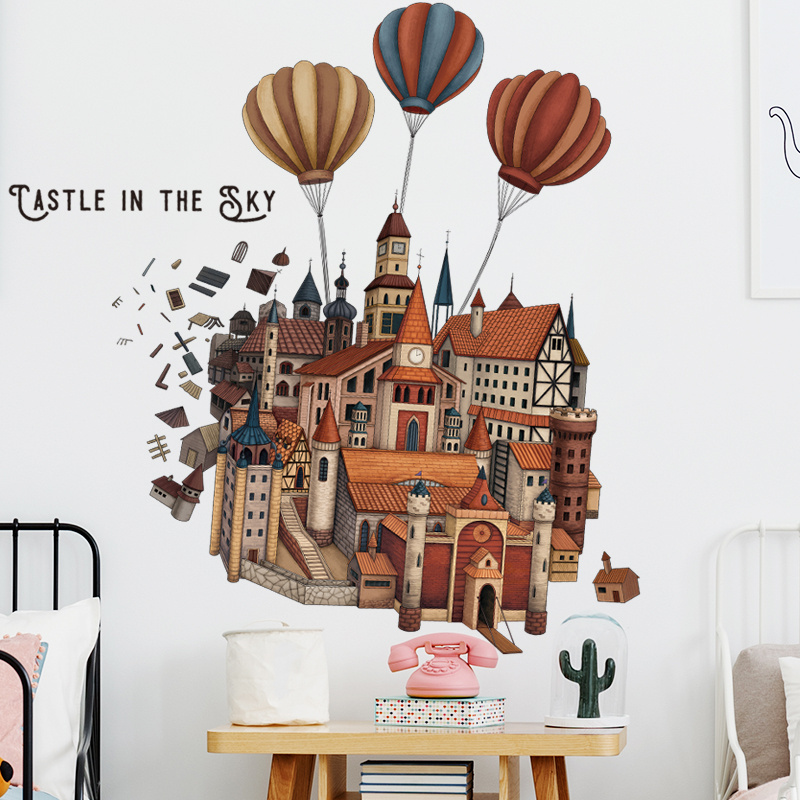 Cartoon Castle Hot Air Balloon Wallpaper Cute Home Decoration Wall Mural For Kid Living Room Bedroom Sofa Background Wall Decal