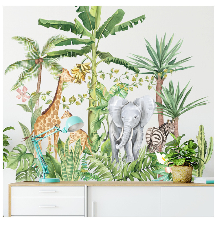 Green Tropical Plant Stickers Cartoon Elephant Giraffe Zebra Wallpaper For Kid's Bedroom Living Room Decorative Wall Decal