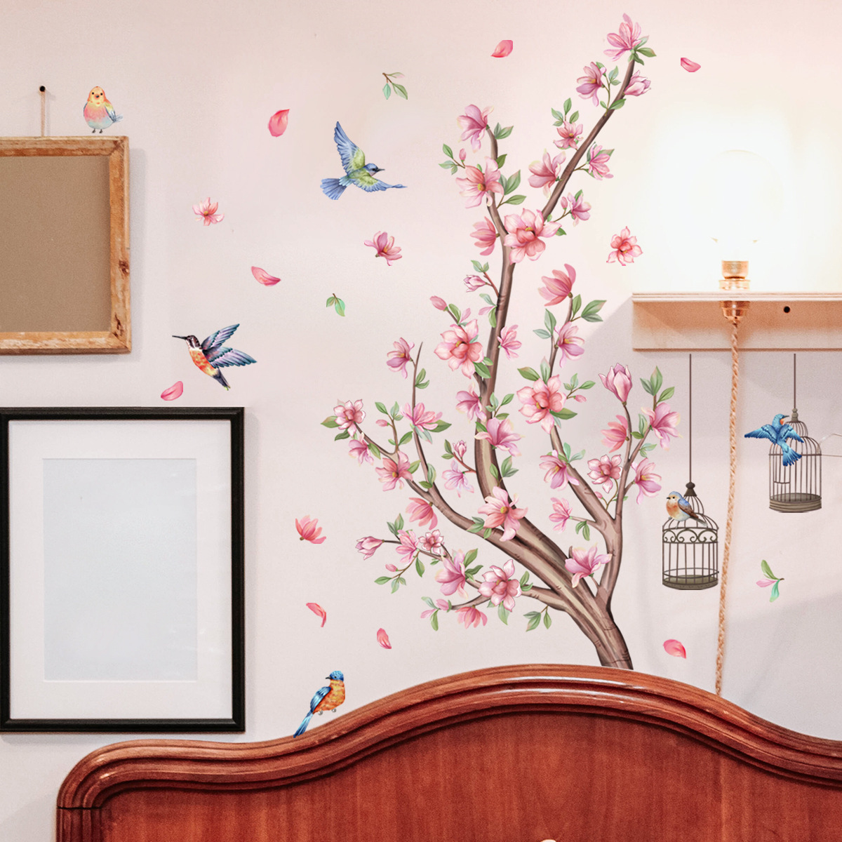 Peach Blossom Branch Bird Cage Wall Sticker Peach Blossoms Falling from Birds Decals Living Room Decorative Wallpaper