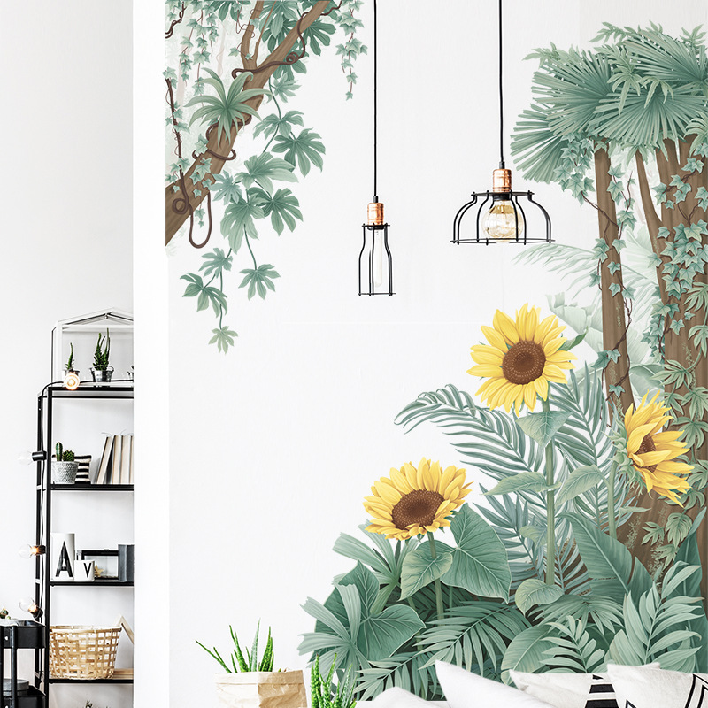 Nordic tropical plants Wall Sticker Palm Tree Pastoral Fresh Sunflowers Decals  Living Room Decorative Wallpaper