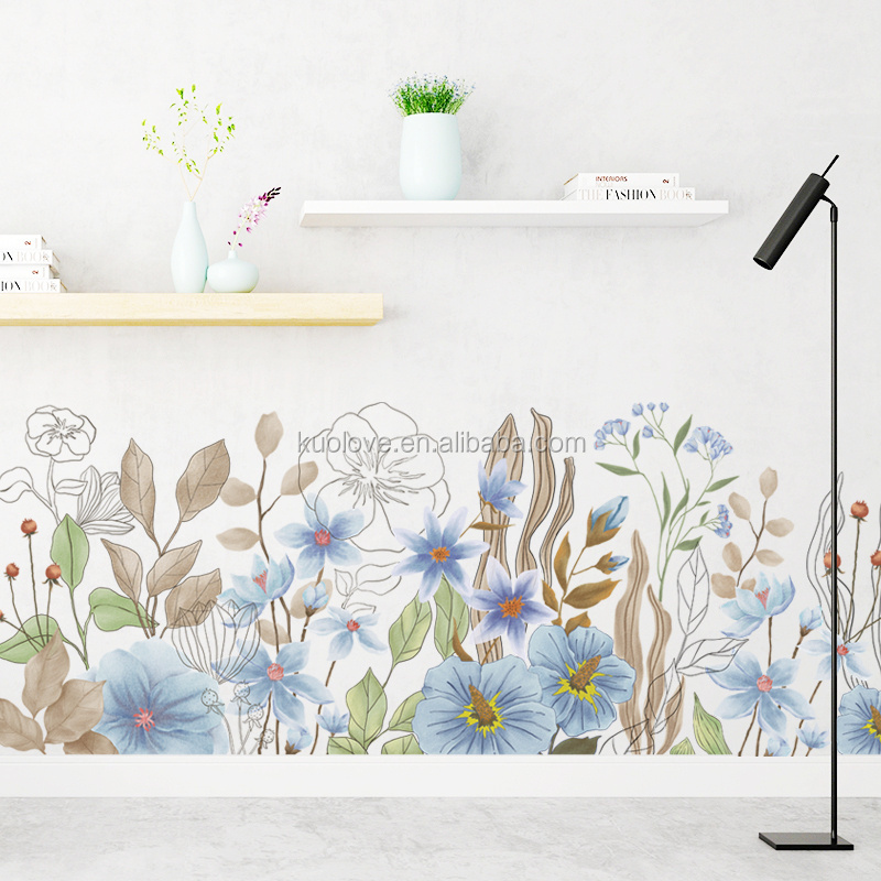 Blue Flowers With Brown Leaves Wall Mural Plants Wallpaper For Women Living Room Bedroom Stickers TV Sofa Background Wall Decal