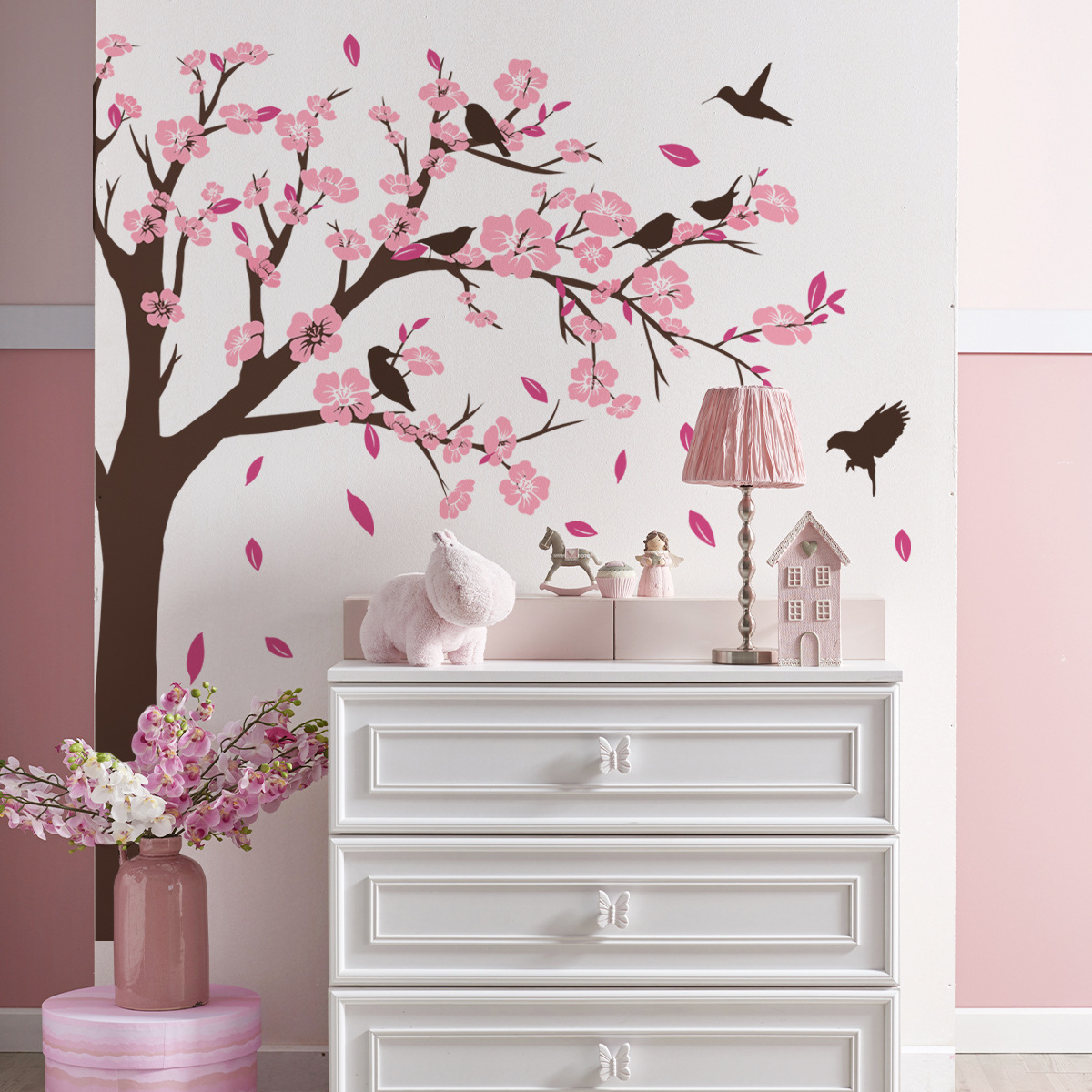 Peach Blossom Tree Swallow Wall Sticker Falling Peach Blossoms Decals Living Room Decorative Wallpaper