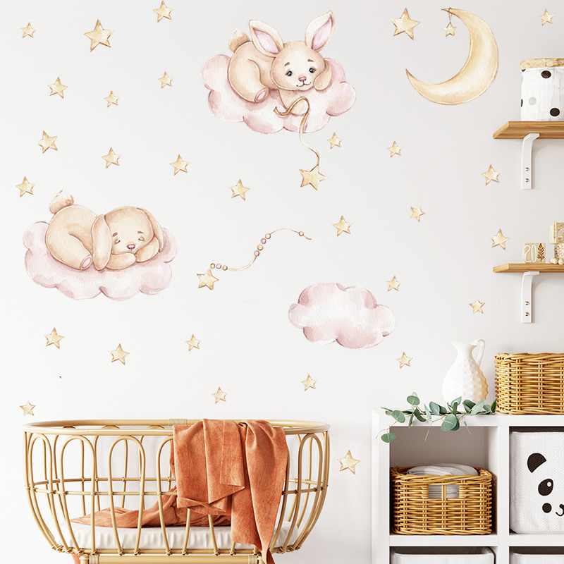 Sleeping Rabbit Cartoon Stickers Moon Stars Wallpaper Bedroom Decorative Decals For Kids Self Adhesive TV Background Murals