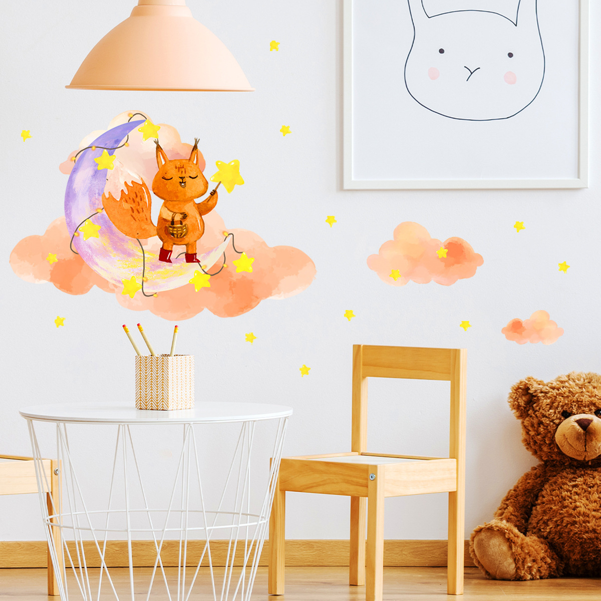 Little Fox On The Moon Stars Wall Sticker Self-adhesive And Removable Wallpaper Living Room Decals