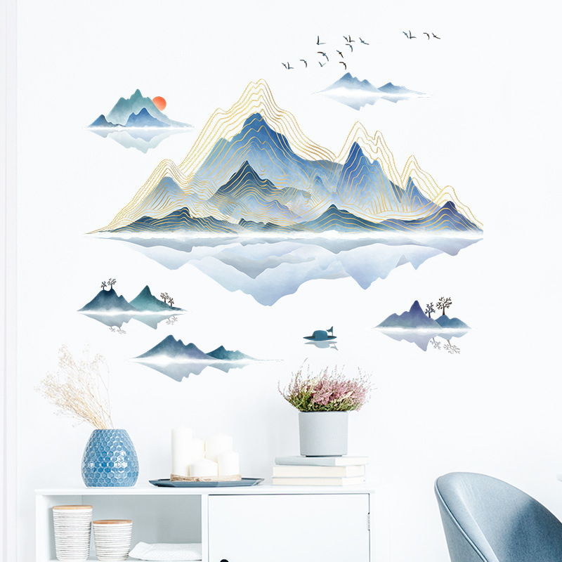 Chinoiserie elegant mountain and water painting Wall Sticker Chinoiserie ink painting Decals  Living Room Decorative Wallpaper