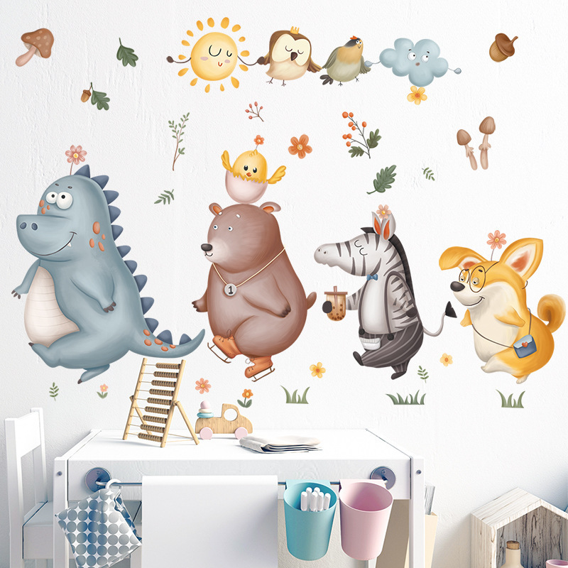 Cartoon Animal Combination Wall Sticker  Cartoon Dinosaur Zebra Bear Dog Bird Decals  Living Room Decorative Wallpaper