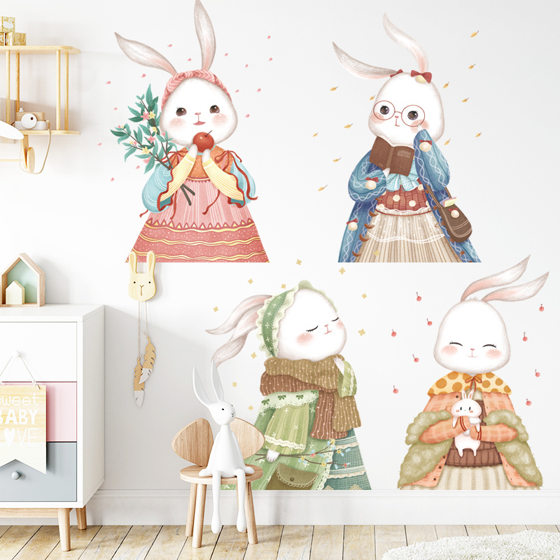 Four Cute Rabbits Wall Sticker Cartoon Bunnies Wallpaper For Kids Room Kindergarten Wall Mural Home Decoration