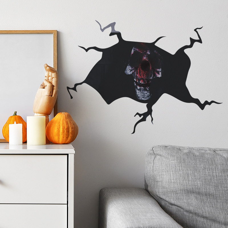 Broken Wall Blood Skeleton Head Wall Sticker  Halloween Fun Skull Decals  Living Room Decorative Wallpaper