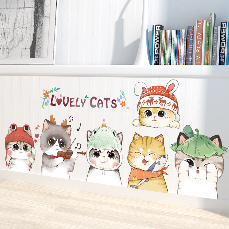 Lovely Cats Wall Decals Cute Kitten With Hats Wall Sticker Cartoon Home Decor For Living Room Bedroom TV Background Wallpaper