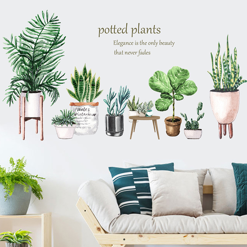 Cute Green Succulent Potted Plants Stickers For Room Wall Cactus Wallpaper For Bedroom Living Room Removable PVC Wall Decal