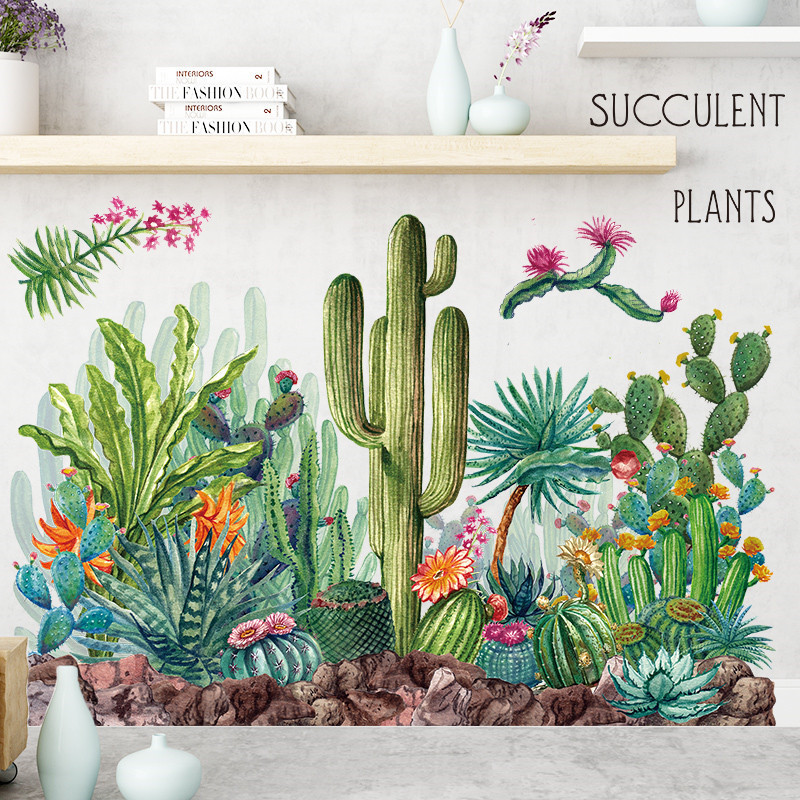 Succulent Plants Wall Sticker Green Plant Cactus Wallpaper Home Decoration For Living Room Bedroom Self Adhesive Wall Decal