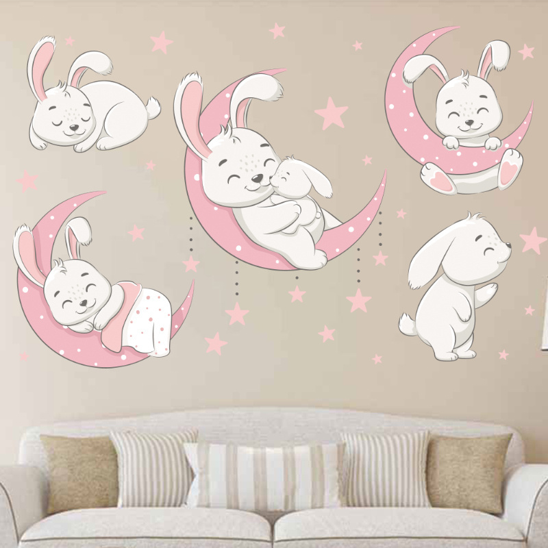 2023 News Sleeping Rabbits On Moon Stickers Cartoon Kid's Bedroom Wallpaper Creative Children's Living Room Decorative Decals