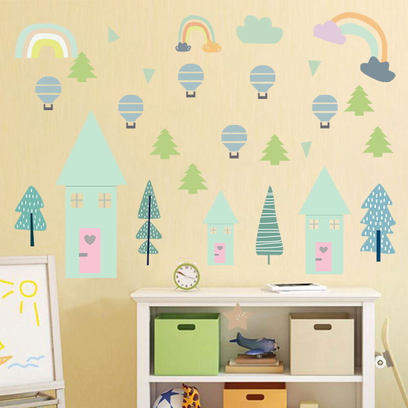 Green Hot Air Balloons Tree Wallpaper Colorful Rainbow Sticker Creative Kid's Bedroom Wall Decal Children's Home Decor