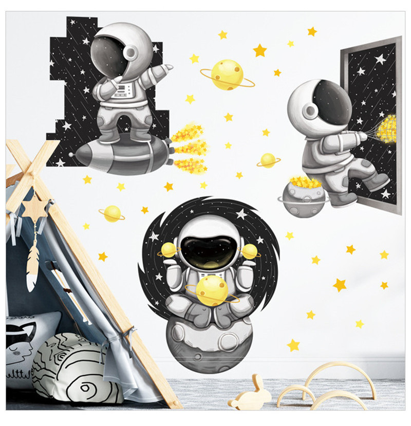 Astronaut Spaceship Cartoon Wall Sticker Black And White Space Planet Wallpaper Baby Boy Bedroom Decorative Wall Decal