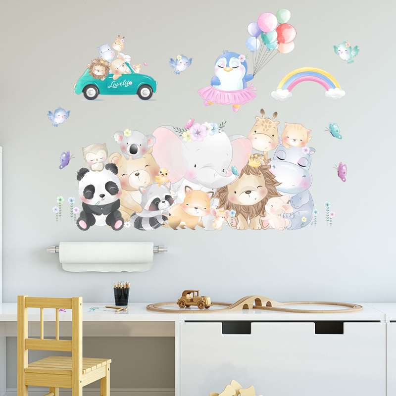 Cartoon Jungle Animals Sticker Creative Bedroom Wallpaper For Kid Living Room Decorative Decal Self Adhesive TV Background Mural