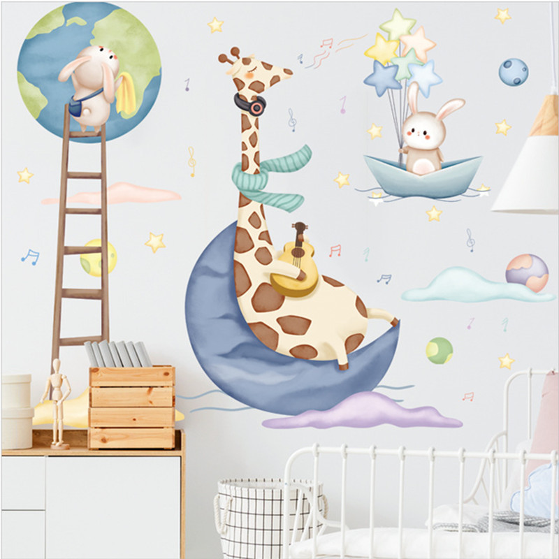 Cartoon Animal Cute Stickers Earth Moon Giraffe Bunny Wall Decal Children's Room Decorative Self-adhesive Wallpaper