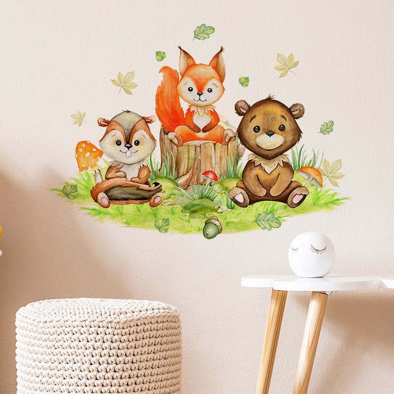 Cartoon animals Wall Sticker Cartoon Squirrel Fox Little Bear Decals  Living Room Decorative Wallpaper