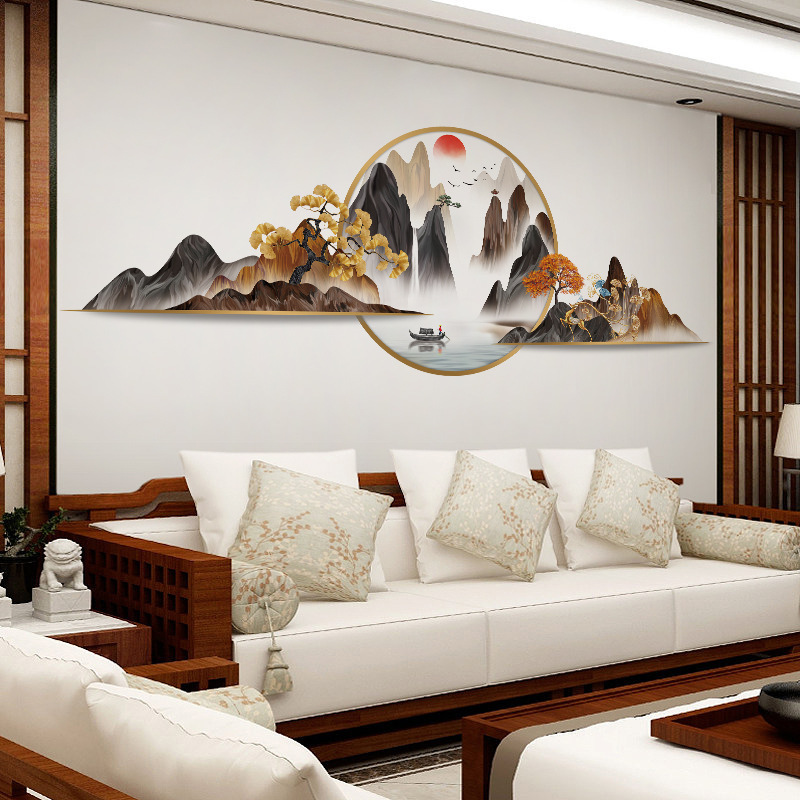 Beautiful mountains rivers in Chinese style Wall Sticker Mountains rivers solitary boats Decals Living Room Decorative Wallpaper