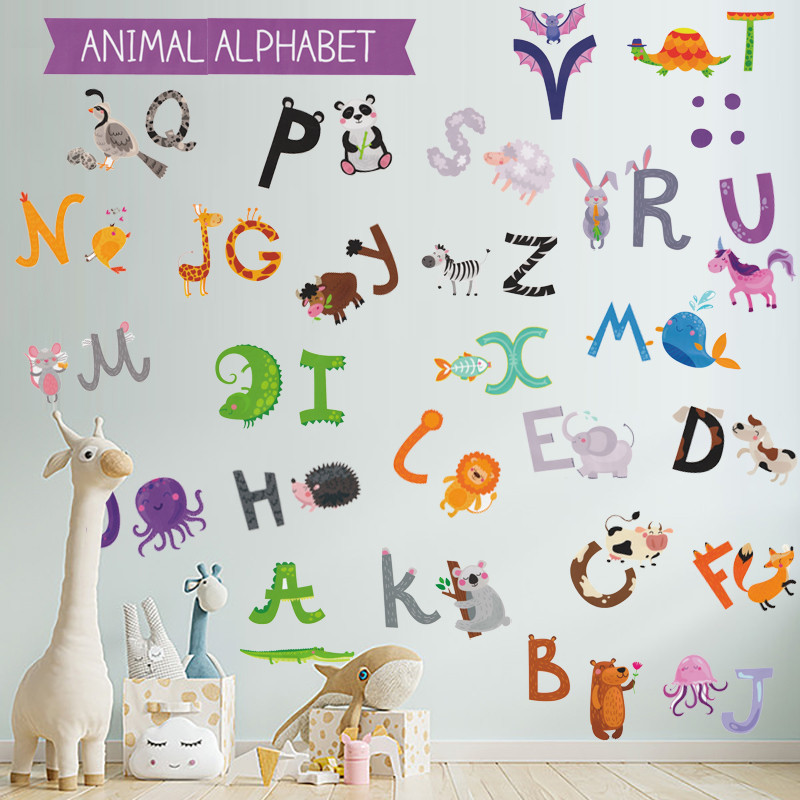 Cartoon Animals Alphabet Stickers Creative Wallpaper For Bedroom Self Adhesive Living Room Decorative Mural TV Background Decal