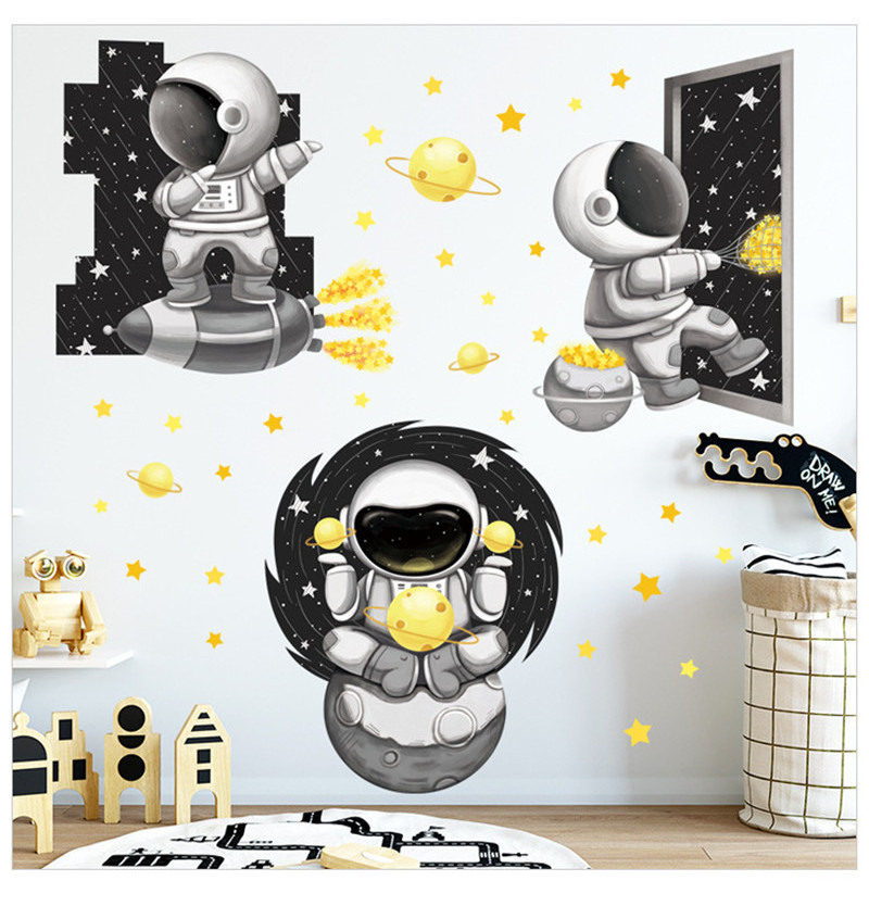 Astronaut Spaceship Cartoon Wall Sticker Black And White Space Planet Wallpaper Baby Boy Bedroom Decorative Wall Decal