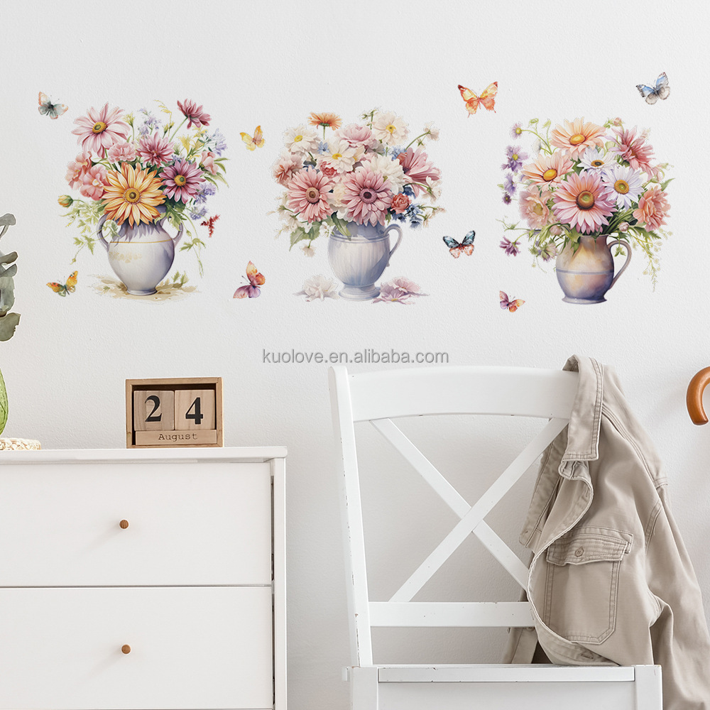 Beautiful little Daisy vase Butterfly wall stickers Bedroom living room decorative wall stickers self-adhesive wallpaper