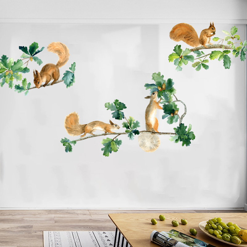 Lovely Squirrel Wall Mural Green Leaves Tree Branch Stickers Home Decor Wallpaper For Kids Living Room Bedroom Decor Wall Decal