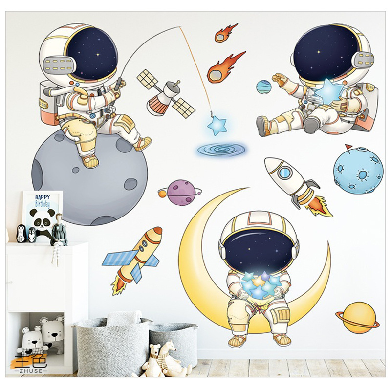 Cartoon Astronaut Space Ship Planet Wall Mural Home Decoration For Kid's Living Room Bedroom TV Sofa Background Decor Wall Decal