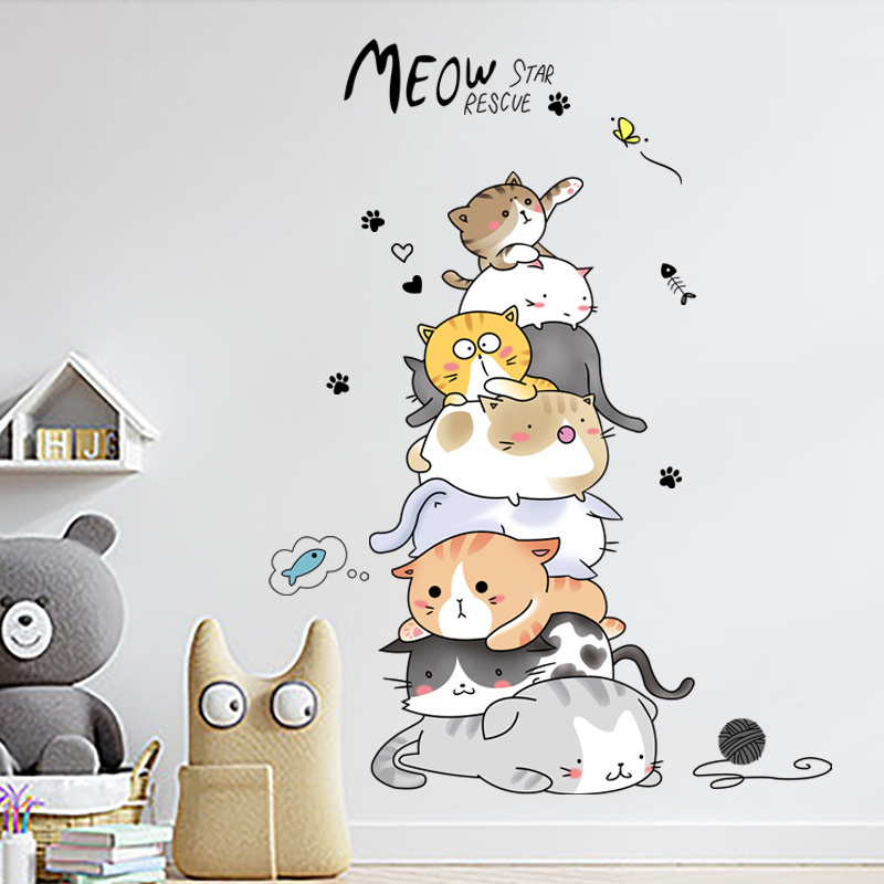 Cartoon Cats Wall Stickers Kid's Bedroom Decals Children Living Room Decorative Wallpaper Self Adhesive TV Background Mural