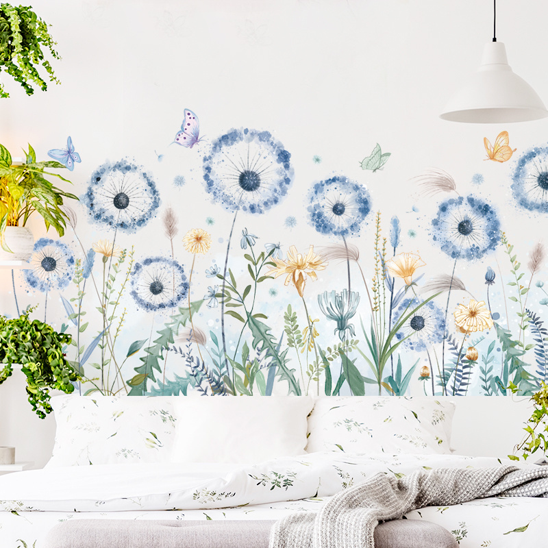 Beautiful Blue Dandelion Stickers Colored Butterflies Wallpaper For Bedroom Self Adhesive TV Background Decorative Wall Decals