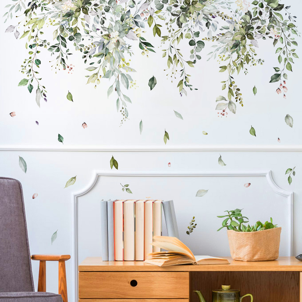 Green leafy vine Wall Sticker Falling Leaves Decals Living Room Decorative Wallpaper