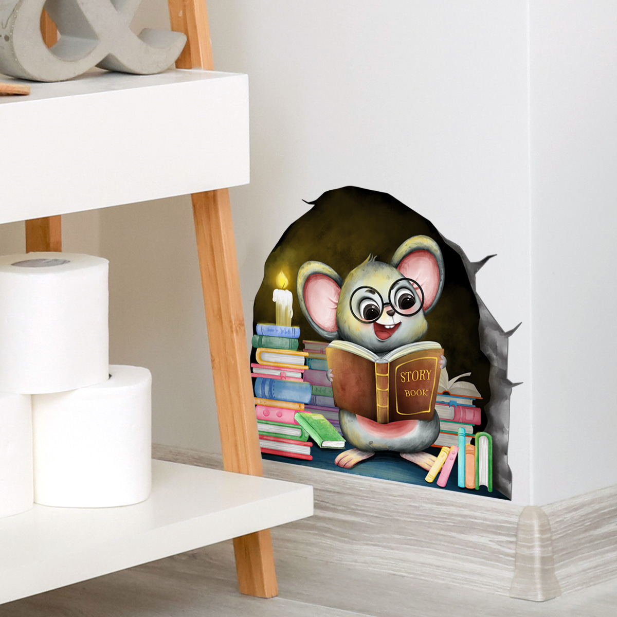 Cartoon Smart Mouse Wall Sticker Mouse Hole Book Decals Living Room Decorative Wallpaper