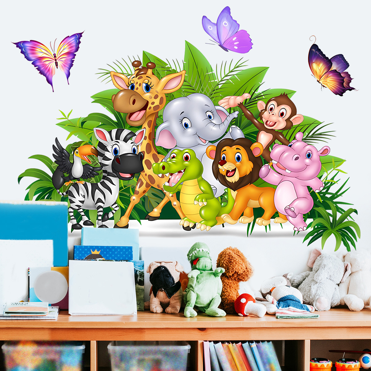 Cartoon Elephant Lion Animal Sticker Butterfly Parrot Children's Bedroom Classroom Wall Decoration Sticker Wallpaper