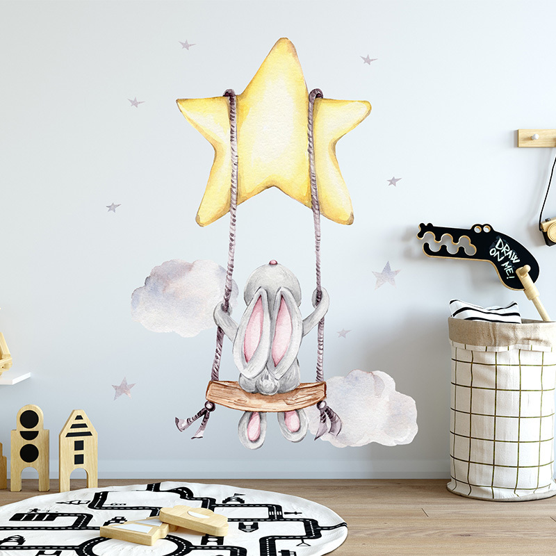 Little Bunny On The Swing Wallpaper Big Golden Star Stickers For Kid's Bedroom Cartoon Children's Decorative Room Wall Mural